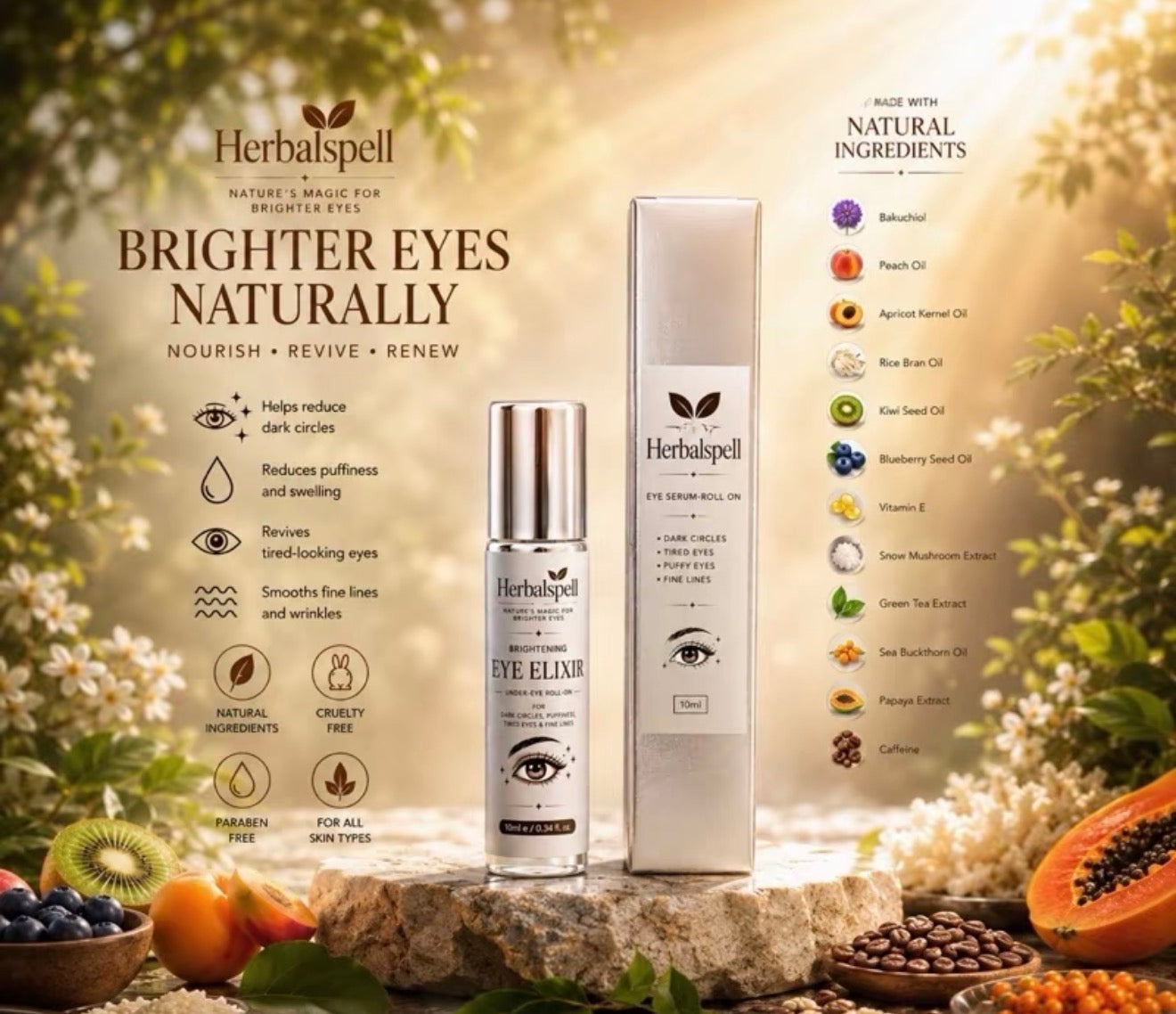Eye Roll-On | Dark Circle , Puffiness , Tiredness and Fine lines  | Bakuchiol, caffeine & Snow Mushroom & Green Tea